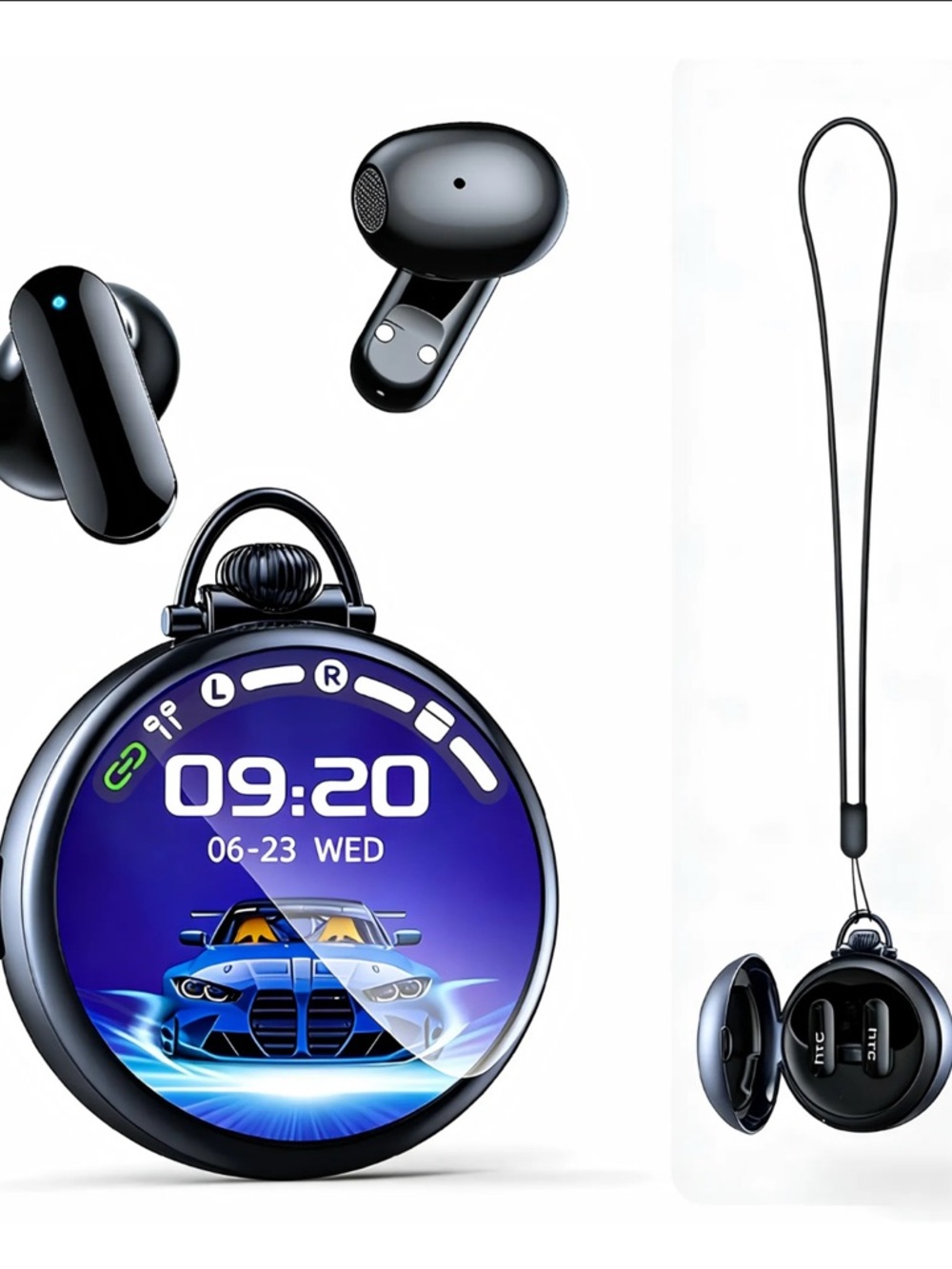 HTC Black Pocket-Watch Style True Wireless Earbuds with Lanyard Case